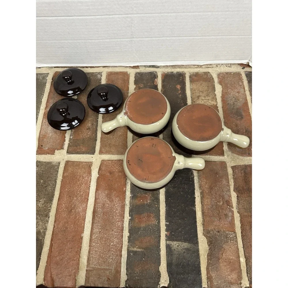 Vintage 70s Single Serve Soup Crock w Lids Set Of Three Glazed Stoneware Handles